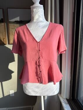 Topshop Pink Button Up Peplum Top US 2